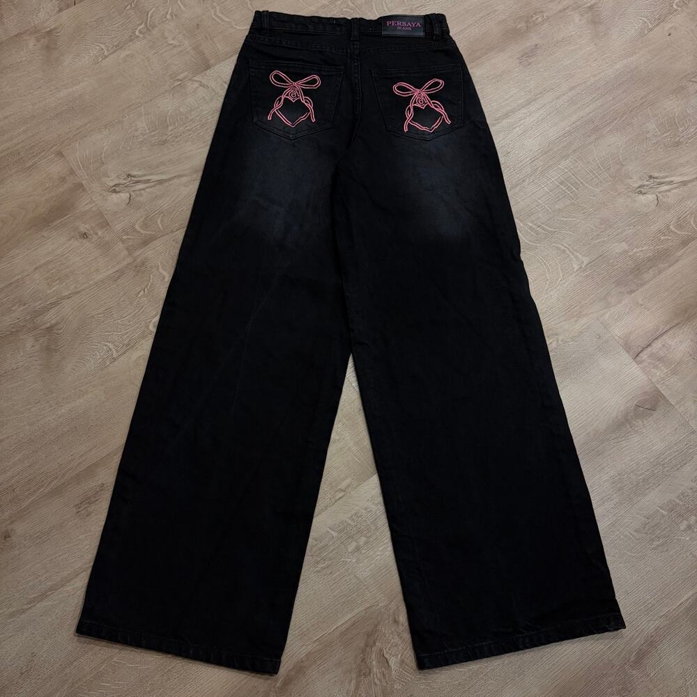 Persaya Flare Wide Leg Black Denim Jeans Women's Juniors Size 1 / 25" Pocket Bow